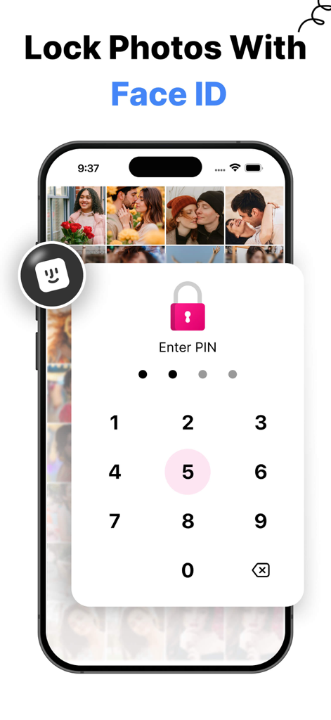 Smartphone screen showing a PIN lock overlay on a photo gallery in the Gallery Photo Vault app