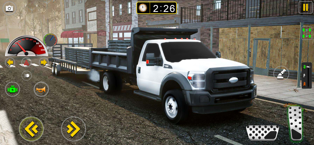 4x4 Offroad Car Simulator Game - White truck with a cargo trailer on a city street in a simulator game
