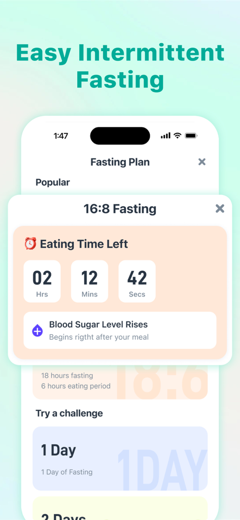 EasyFast - Calorie Counter - Interfaz de la aplicación EasyFast que muestra un plan de ayuno intermitente 16:8 y un temporizador de cuenta regresiva para la hora de comer