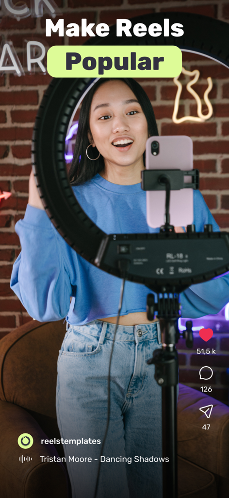 Reel Maker・AI Video Creator - A young woman recording a social media video with a ring light and smartphone