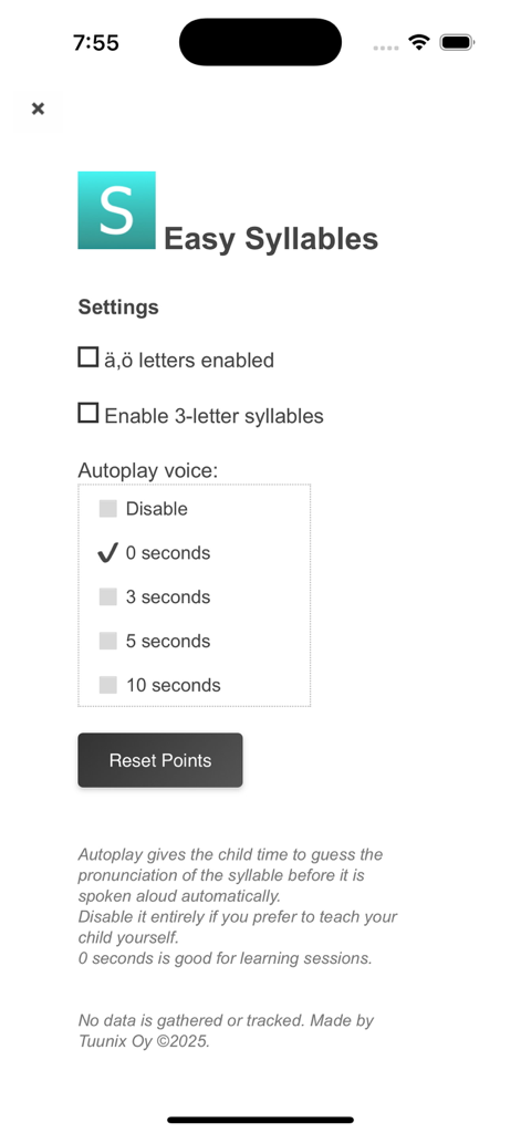 Settings screen of the Easy Syllables app showing options for letters and autoplay voice timing
