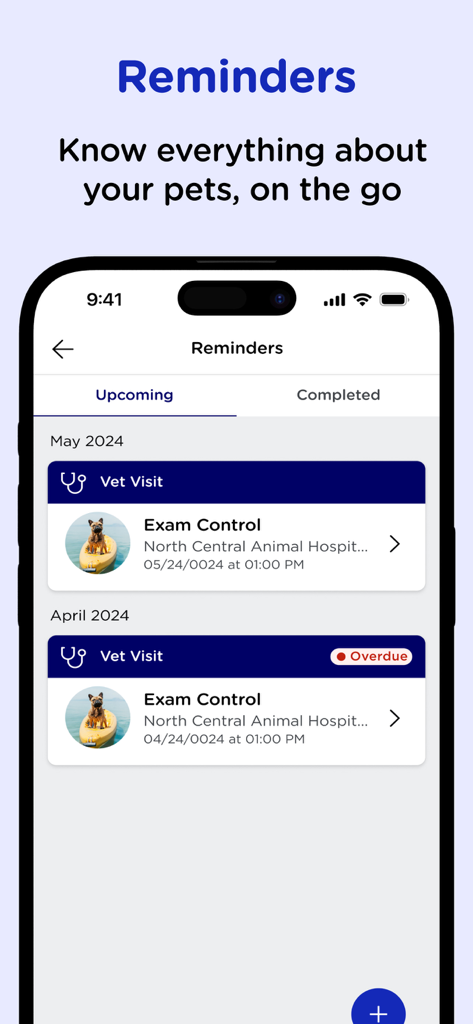 Eine mobile Benutzeroberfläche der Pet Cloud App, die bevorstehende und überfällige Erinnerungen an Tierarztbesuche für einen Hund anzeigt