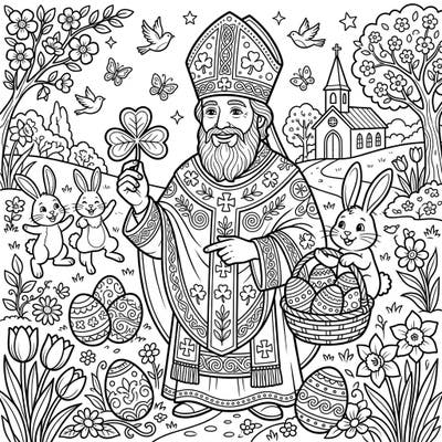 This delightful coloring page merges the charm of Saint Patrick with the joy of Easter, presenting a unique festive scene. Immerse yourself in a world of spring blossoms, cheerful bunnies, and iconic symbols, ready for your creative touch.