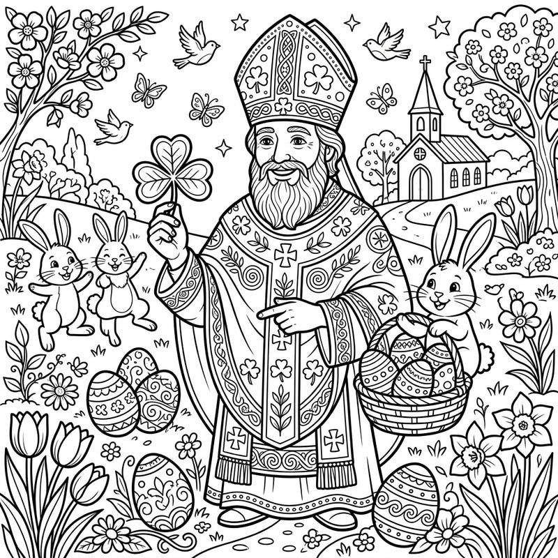 This delightful coloring page merges the charm of Saint Patrick with the joy of Easter, presenting a unique festive scene. Immerse yourself in a world of spring blossoms, cheerful bunnies, and iconic symbols, ready for your creative touch.