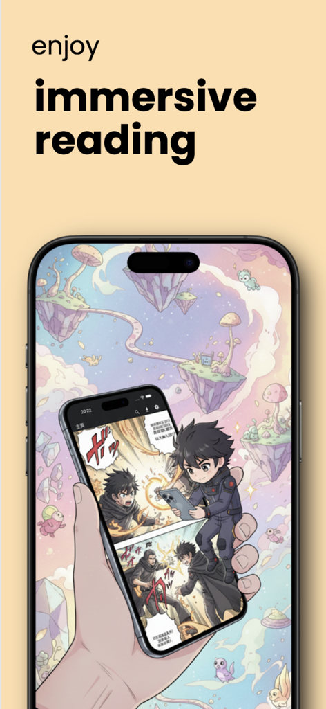 ManYue - Manga Reader - カラフルなマンガページと「没入感のある読書を楽しむ」というテキストが表示されているManYueマンガリーダーアプリを搭載したスマートフォン