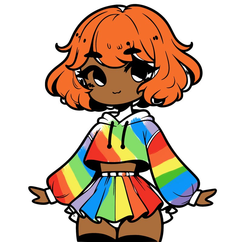 cute femboy with short, fluffy hair that softly frames their face, wearing a cropped hoodie, paired with a flouncy short skirt, and thigh-high stockings