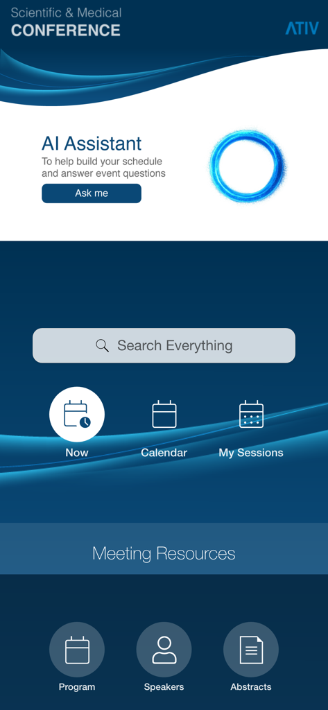 EventPilot Conference App - Pantalla de inicio de la aplicación de conferencias EventPilot con un asistente de IA e iconos de navegación de eventos profesionales