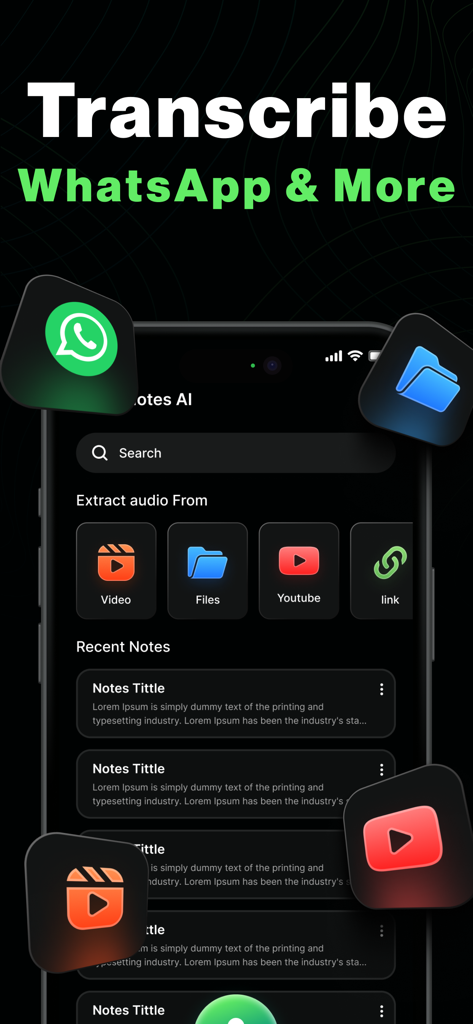 AI Note Taker- Meeting Minutes - AI Note Taker app screen showing transcription options for WhatsApp YouTube and video files