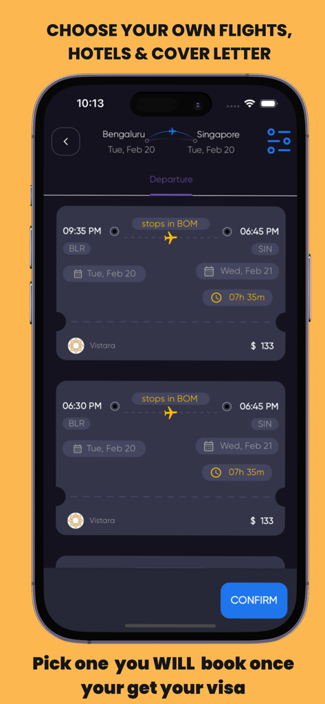 FlightGen Flight Itinerary App - FlightGen app flight selection interface for visa itineraries