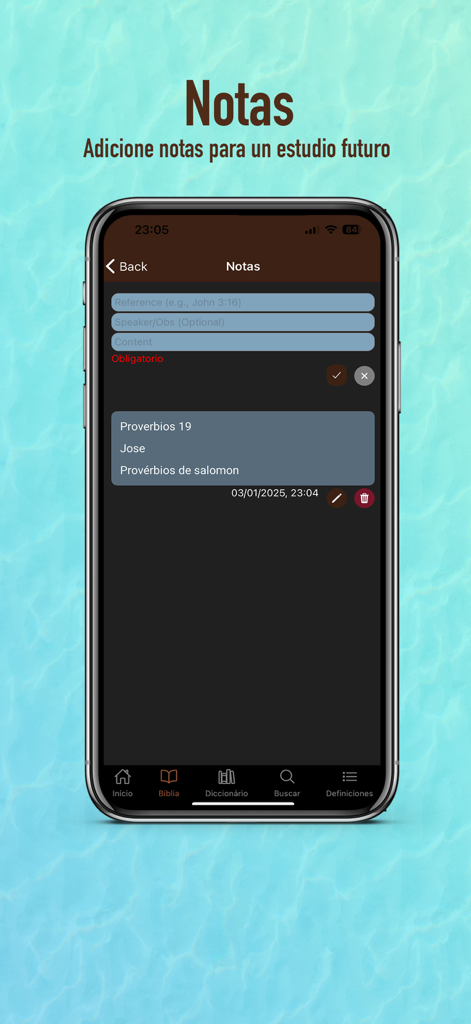 Biblia Reina Valera 1909 - Écran de notes de l'application Biblia Reina Valera 1909 en mode sombre pour l'étude et la réflexion biblique.
