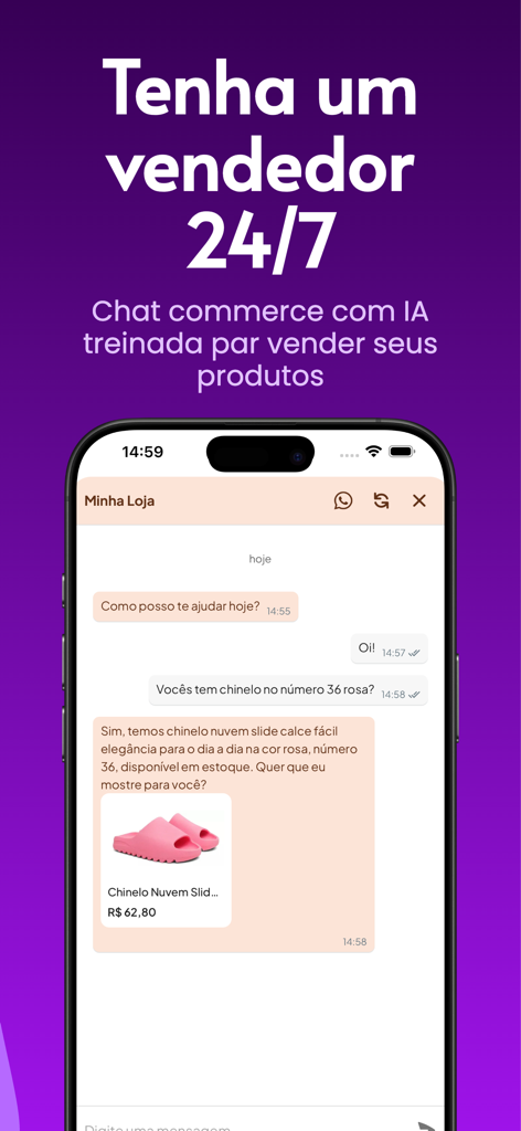 Stoqui: Catálogo e Vendas - Asistente de IA en el chat de la aplicación Stoqui respondiendo a consultas de productos de clientes con soporte de ventas automatizado.