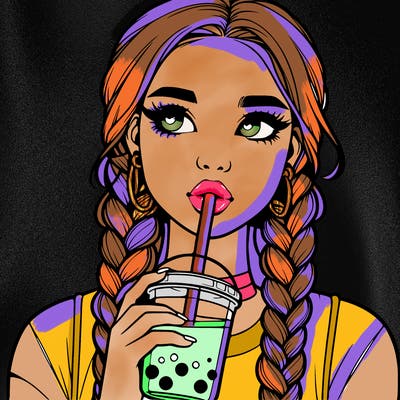 realistic girl with braided hair drinking boba