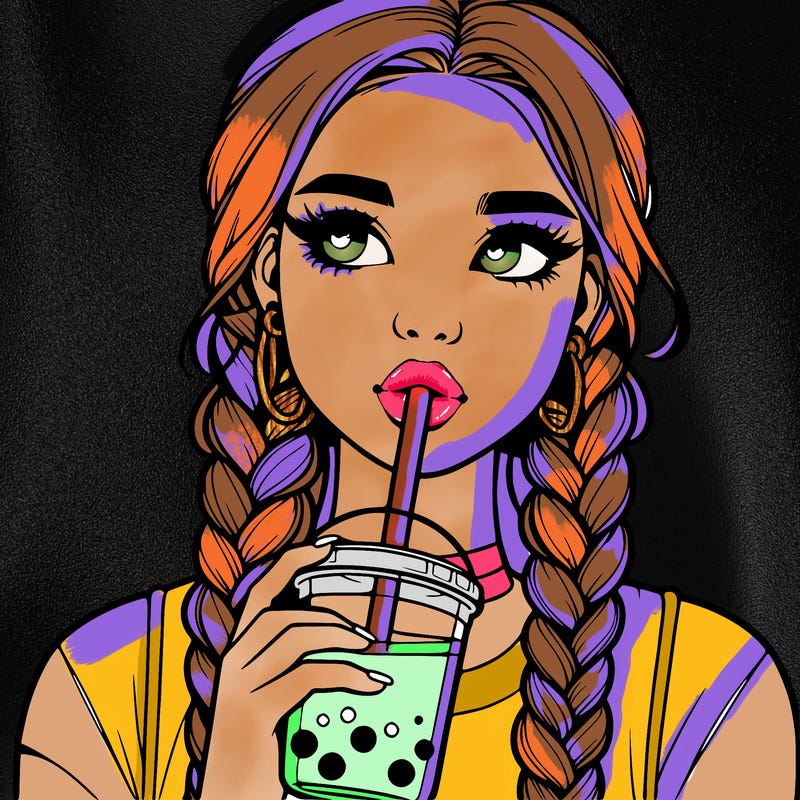 realistic girl with braided hair drinking boba