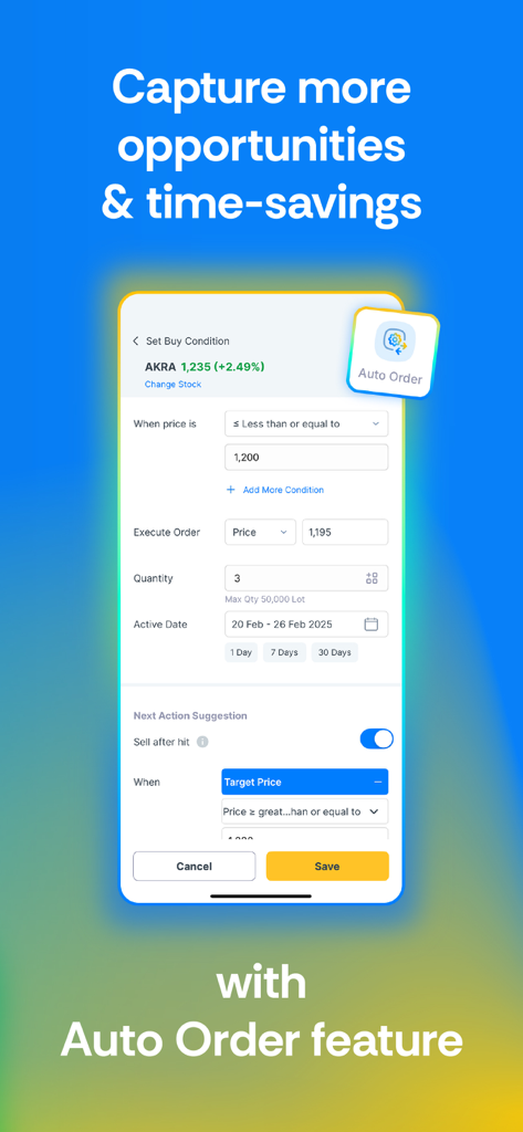 Growin' - Invest & Trade - Pantalla de smartphone que muestra la función de orden automática para trading de acciones en la aplicación Growin'.
