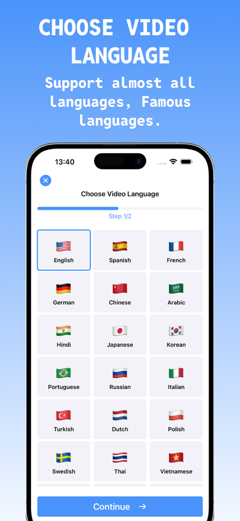 Video Translator with subtitle - Un'interfaccia di un'app mobile che mostra una griglia di bandiere e opzioni linguistiche per selezionare la lingua di traduzione di un video.