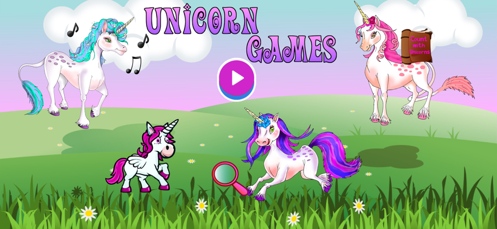 Unicorn Games - Pantalla principal de la aplicación Juegos de Unicornios con cuatro unicornios coloridos e íconos para música, conteo y juegos