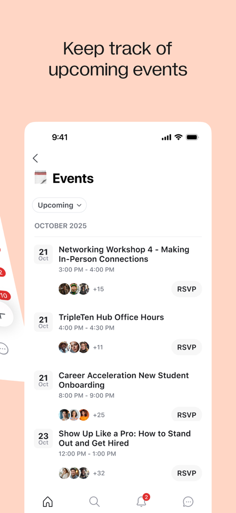 TripleTen Hub - Captura de pantalla de la aplicación TripleTen Hub que muestra una lista de próximos talleres de carrera y eventos de networking para estudiantes