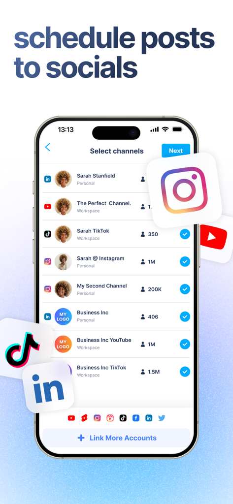 BIGVU Teleprompter Captions AI - Interfaz móvil que muestra la selección de canales de redes sociales para programar publicaciones de video en LinkedIn, Instagram, TikTok y YouTube