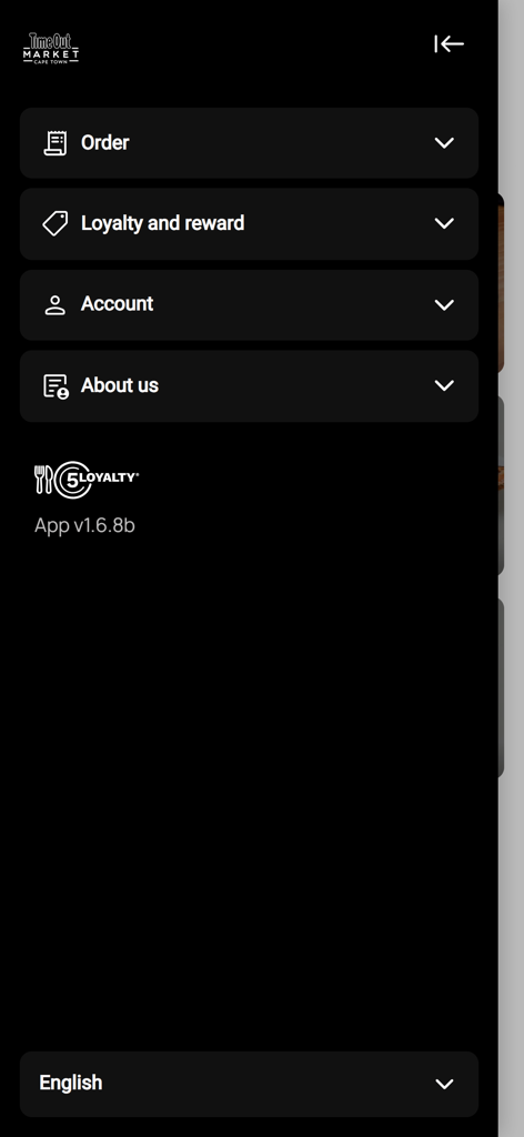 Cape Town Time Out Market - Menú lateral de la aplicación Cape Town Time Out Market con opciones para pedido, fidelidad y cuenta.