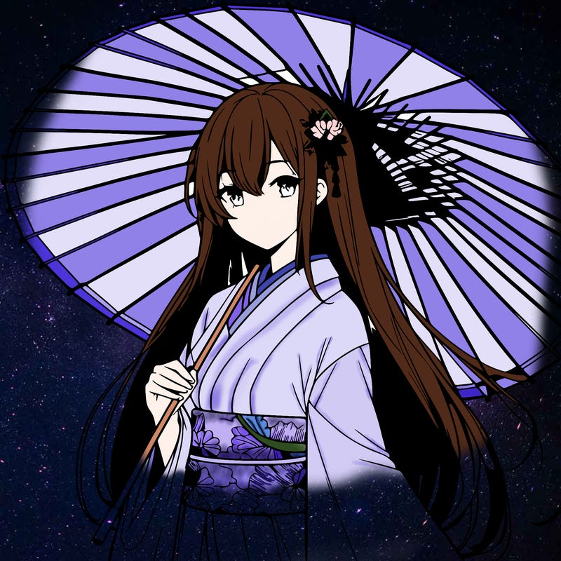 anime style long hair mature woman wearing short kimono holding japanese umbrella