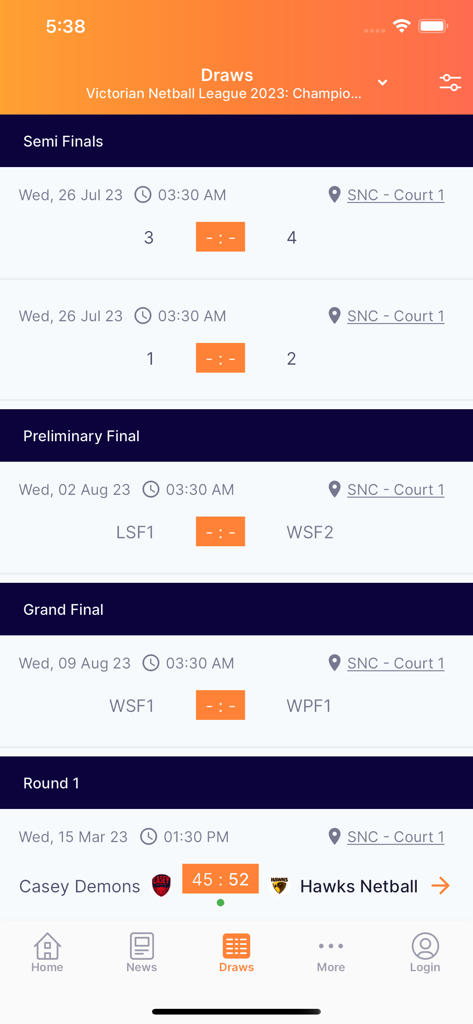NetballConnect app interface displaying the match draws, dates, times, and court locations for a netball league.