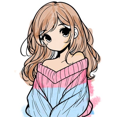shy pretty girl wearing a sweater that is falling off one shoulder portrait