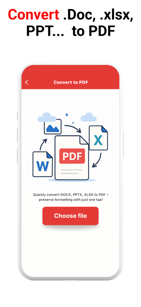 PDF Reader, Editor & Scanner + - A mobile screen showing the feature to convert Word Excel and PowerPoint files into PDF documents