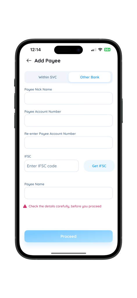 SVC NXT - Interface do aplicativo SVC NXT mostrando o formulário de adição de beneficiário para transferências de fundos interbancárias