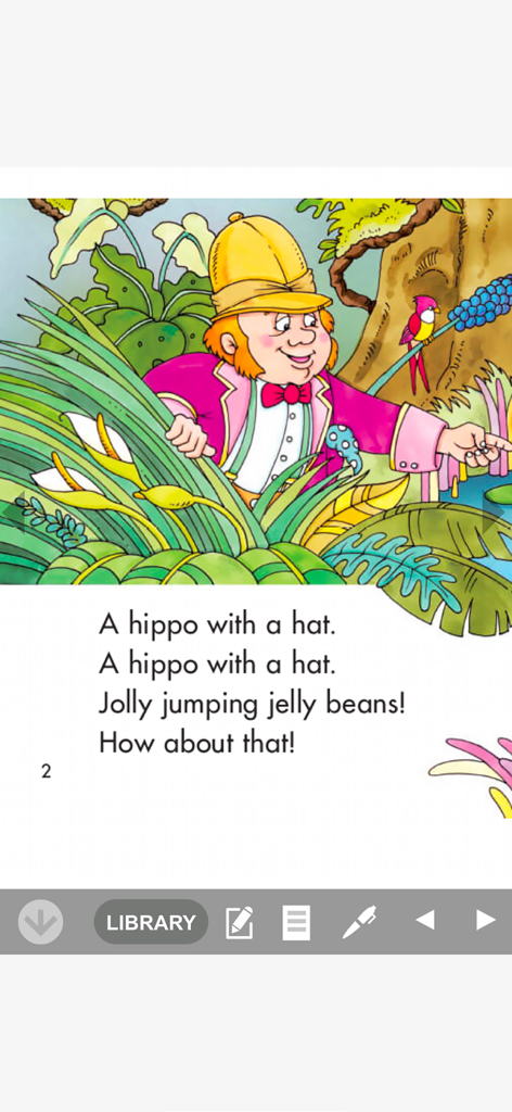 Sunshine Online - An illustrated page from a childrens ebook in the Sunshine Online app showing a safari character and rhyming text