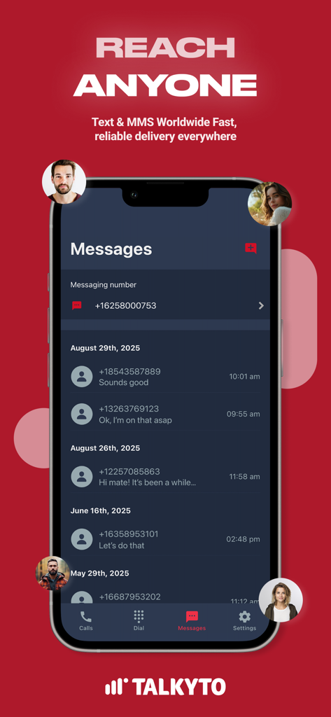 Talkyto app messages interface displaying a list of SMS conversations and text threads