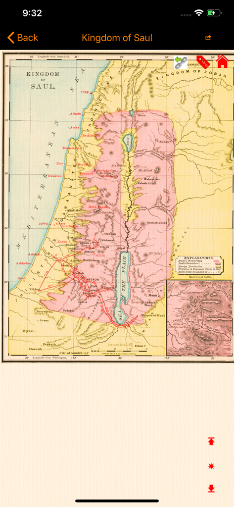 Handy Bible Pro - Vintage map of the Kingdom of Saul displayed within the Handy Bible Pro app
