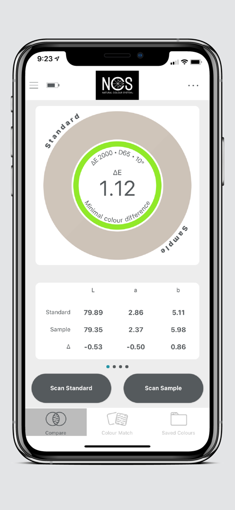 Colourpin - Colourpin app interface comparing two color samples with Lab values and Delta E metric
