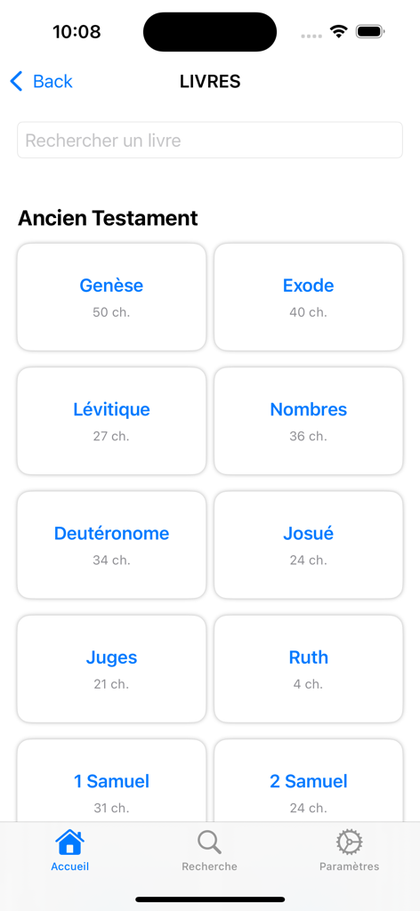 Bible-hymne-Guide - Uma lista de livros do Antigo Testamento em francês na interface do aplicativo móvel Guia Bíblia-Hinos mostrando títulos como Gênese e Êxodo com contagens de capítulos.