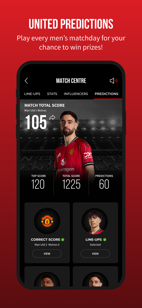 Manchester United app United Predictions screen showing match score and lineup prediction game.