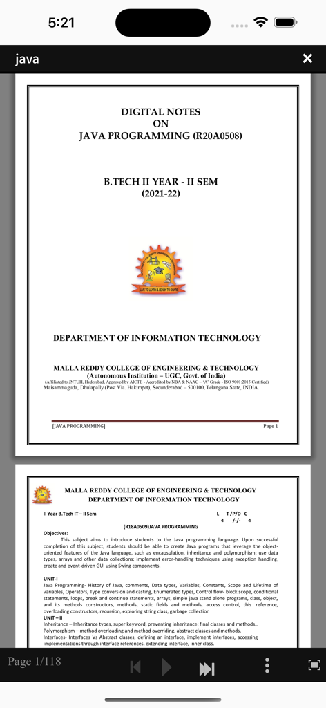 Adobe Learning Manager - Interfaz móvil de Adobe Learning Manager que muestra una guía de estudio de programación Java en un visor de documentos.
