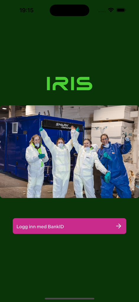 IRIS - IRIS waste management app splash screen featuring workers in protective suits and a login button