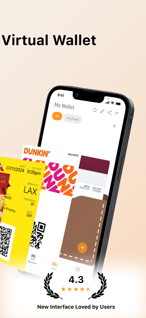 Pass2U Wallet app interface on iPhone displaying digitized Dunkin store cards and airline boarding passes