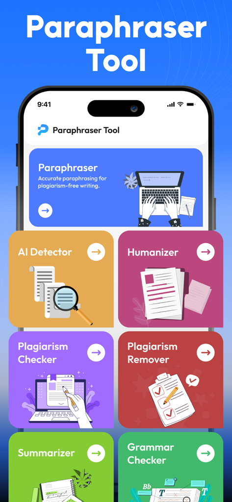 Paraphrase Tool - Humanize Ai - Main screen of the Paraphrase Tool app displaying various writing tools like AI Detector Humanizer and Plagiarism Checker