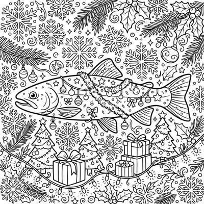 Discover a whimsical blend of nature and holiday spirit with this enchanting Christmas trout coloring page. Perfect for adults and teens, this detailed design offers a unique way to celebrate the festive season.