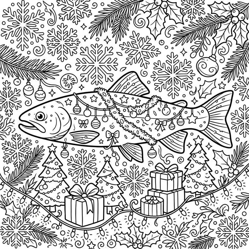 Discover a whimsical blend of nature and holiday spirit with this enchanting Christmas trout coloring page. Perfect for adults and teens, this detailed design offers a unique way to celebrate the festive season.