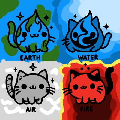 4 cats that represent the different elements, earth, water, air, and fire