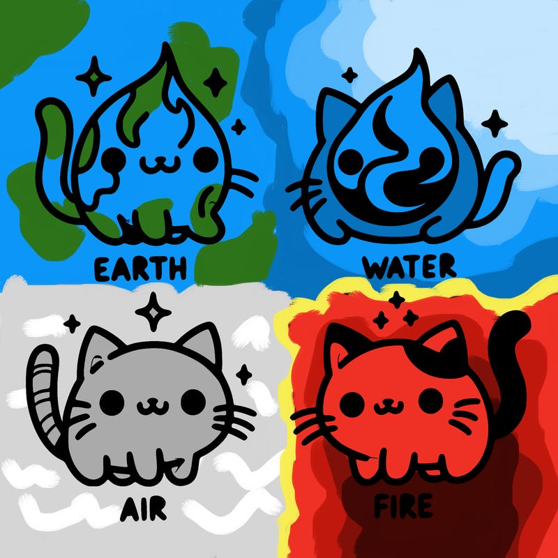 4 cats that represent the different elements, earth, water, air, and fire