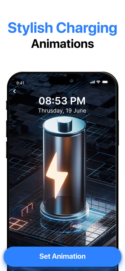 A 3D battery icon with a lightning bolt on a stylish charging animation screen for iPhone