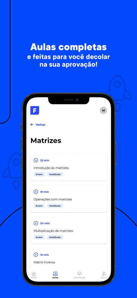 Professor Ferretto - A mobile interface of the Professor Ferretto app showing a list of math video lessons on the topic of Matrices for ENEM and Vestibular exams.