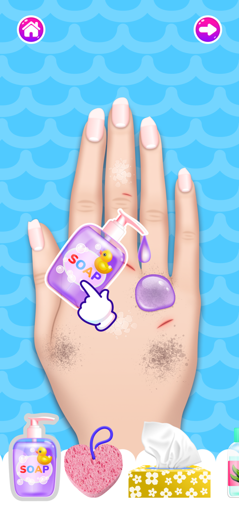 Nail Salon Games for Kids 2-5 - Une main se faisant laver avec du savon et des éponges dans un jeu de salon de manucure pour enfants.