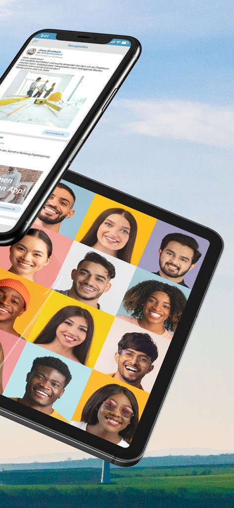 GDL App - GDL App interface displaying a community member grid and professional news feed on mobile and tablet devices
