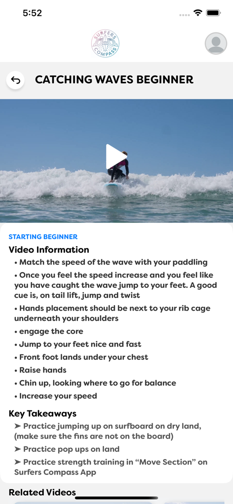 SurfersCompass app screen showing a beginner surf lesson video with instructional tips for catching waves.