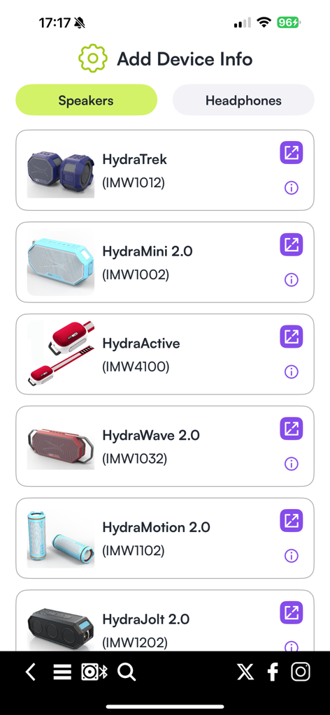 Screen showing the Altec Lansing Just Listen app with a list of portable speakers for registration.
