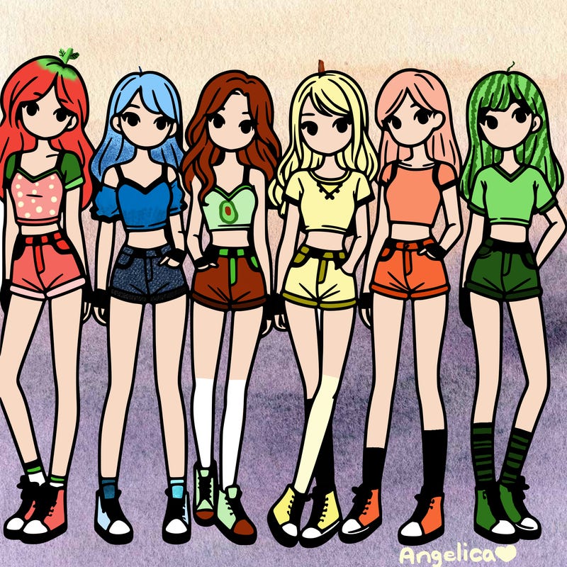 a group of girls wearing crop tops and shorts