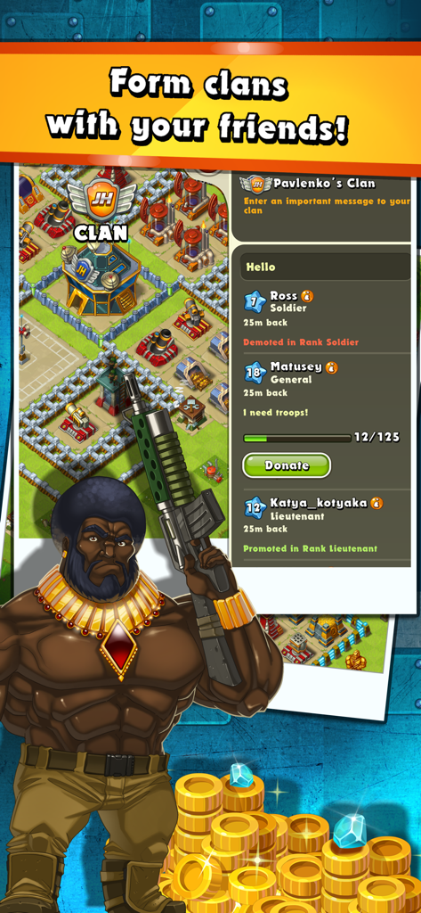 Jungle Heat - A screen from Jungle Heat showing the clan management interface with player ranks and a muscular hero character standing next to a pile of gold.
